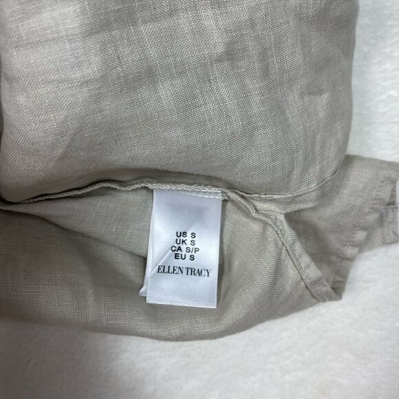 Ellen Tracy Tan 100% Linen Tunic Sm Lagenlook Boho Roll Tab Sleeve Quiet Luxury - Picture 9 of 12